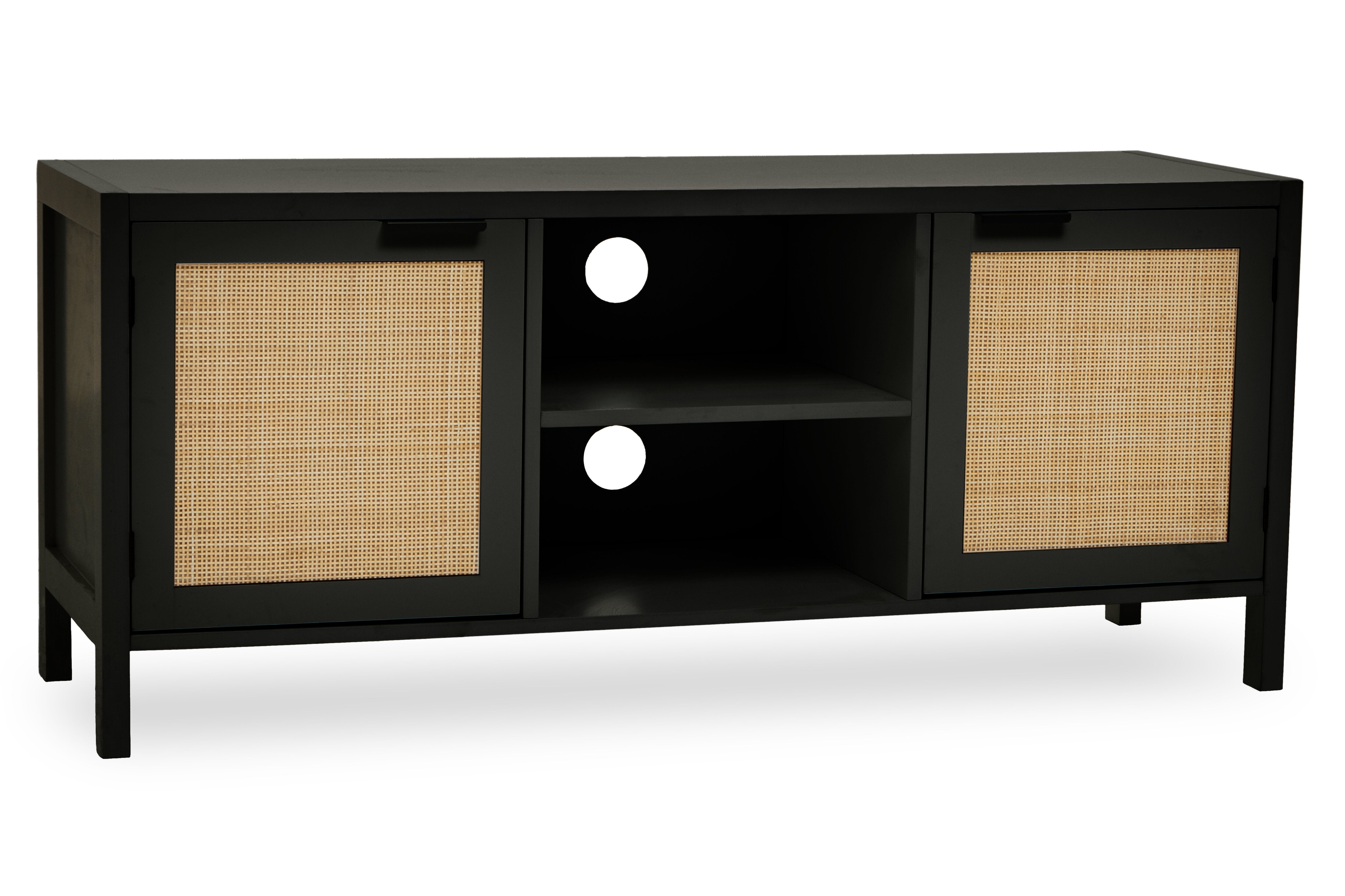 Burwood Black Wood & Natural Rattan Media Unit